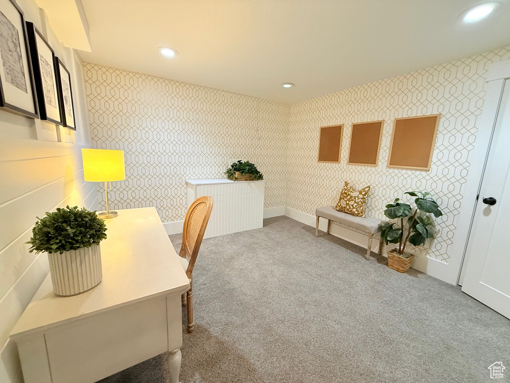 Office with recessed lighting, carpet flooring, and wallpapered walls