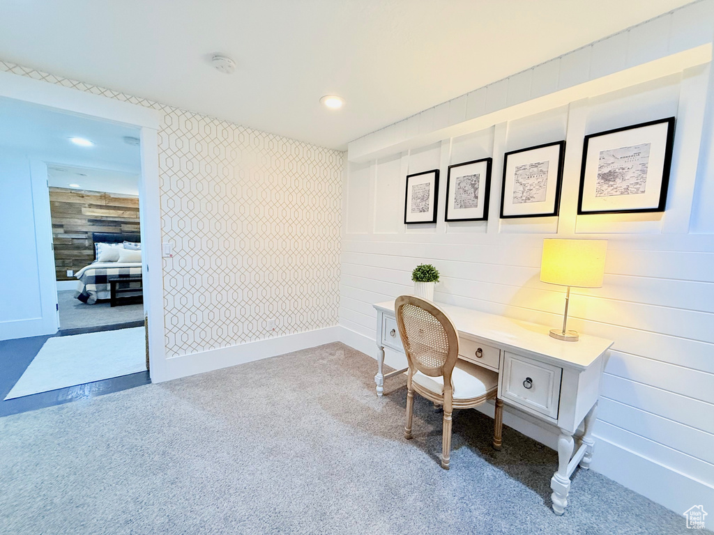 Office area featuring baseboards, carpet flooring, and recessed lighting