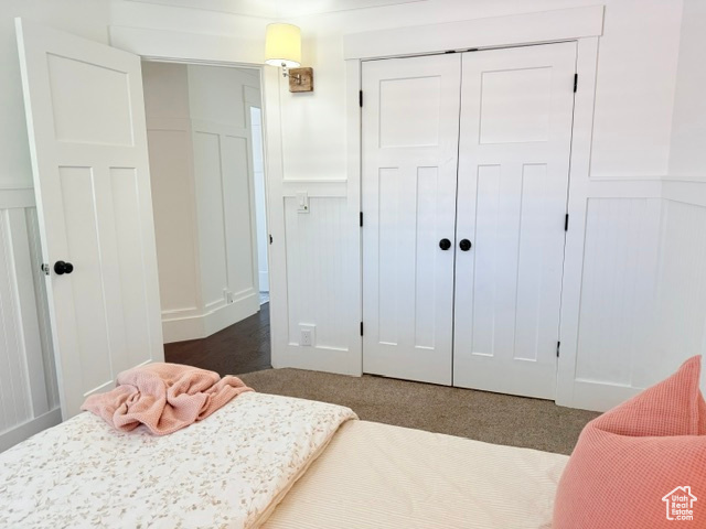 Carpeted bedroom with a closet, a wainscoted wall, and a decorative wall