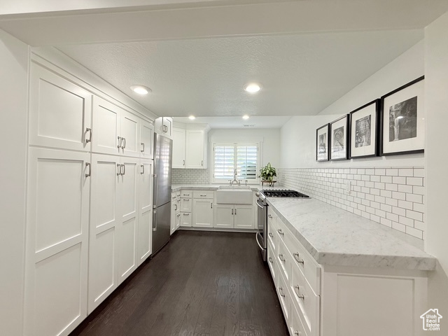 Kitchen with white cabinets, tasteful backsplash, light stone counters, dark wood finished floors, and stainless steel appliances
