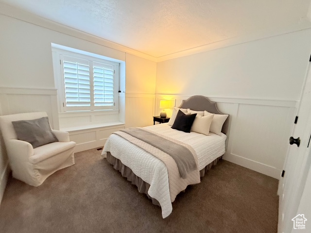 Carpeted bedroom featuring wainscoting and a decorative wall