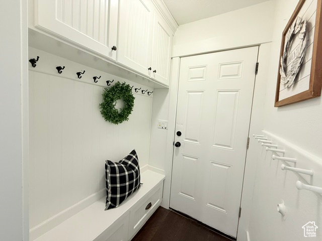 Mudroom with dark wood-type flooring