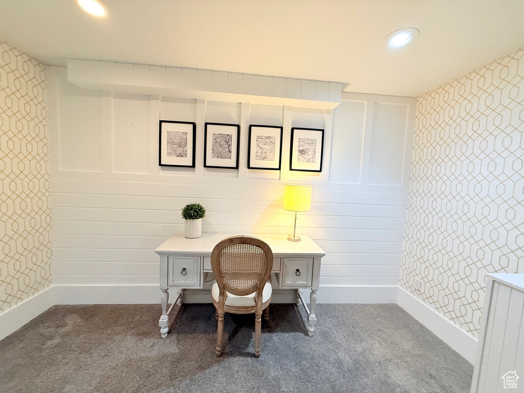 Office with carpet floors, recessed lighting, and baseboards