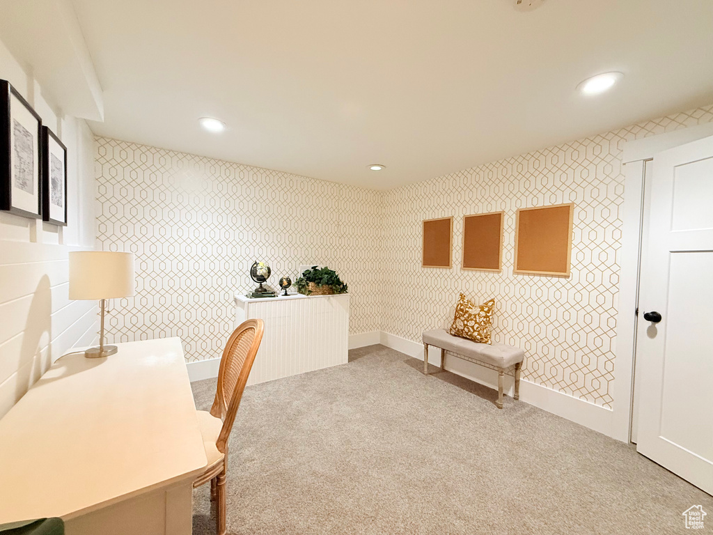 Office featuring recessed lighting, wallpapered walls, and carpet