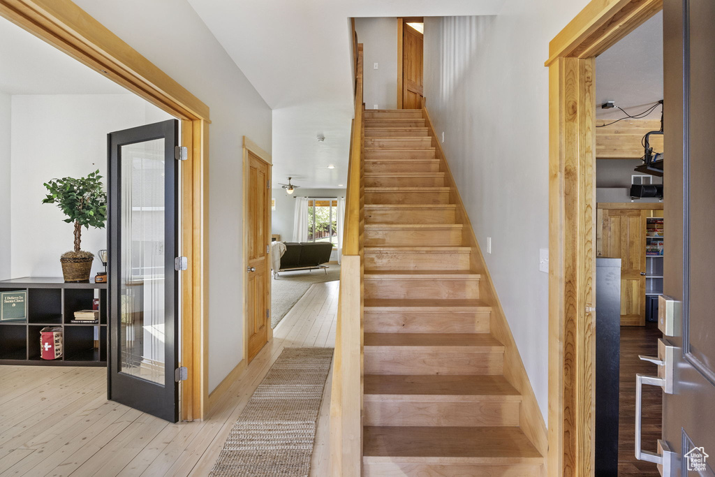 Staircase featuring hardwood / wood-style flooring
