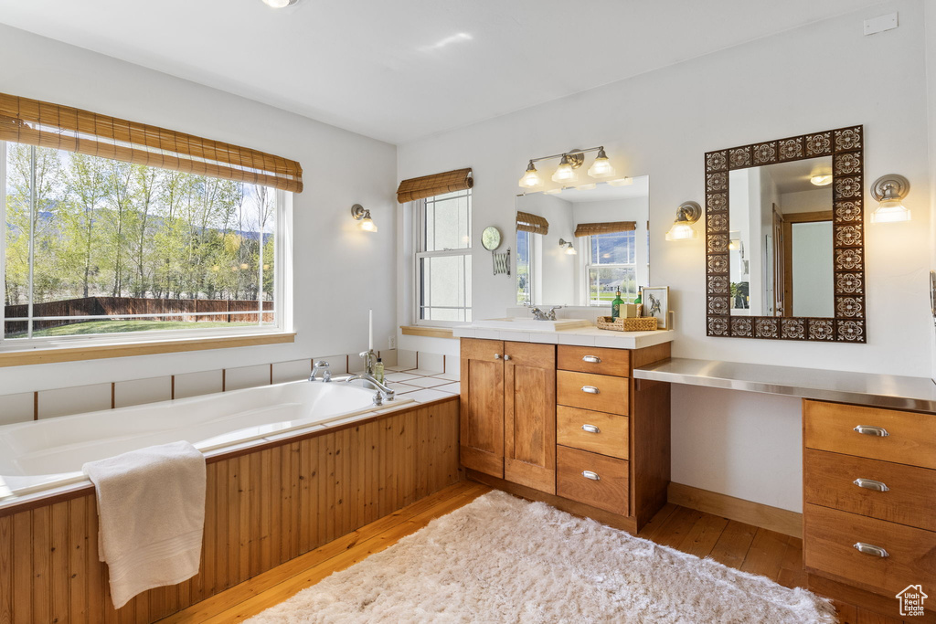 Full bathroom featuring vanity, a bath, and hardwood / wood-style floors