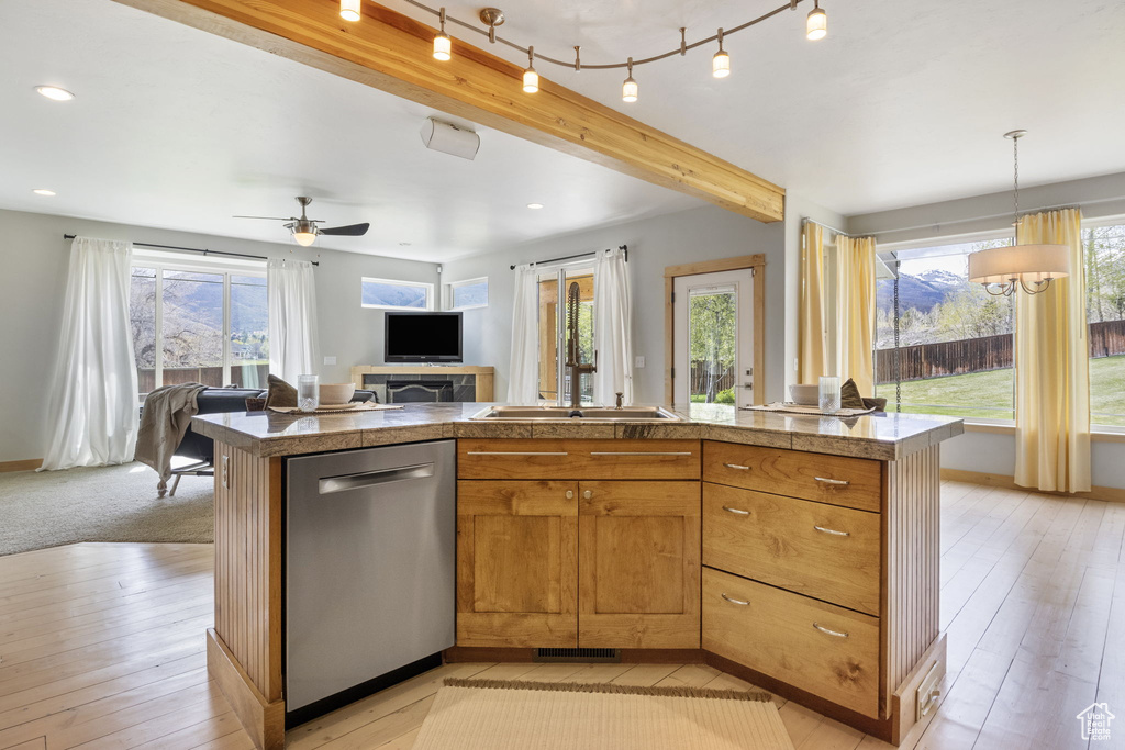 Kitchen with stainless steel dishwasher, open floor plan, a wealth of natural light, and light wood-style floors