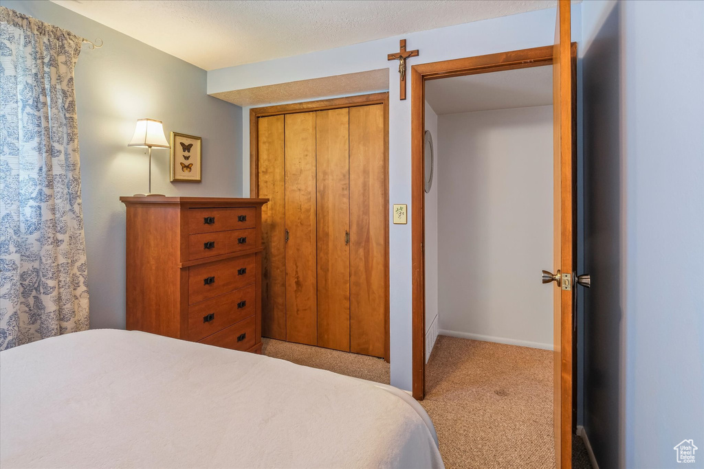 Bedroom with carpet floors, baseboards, and a closet