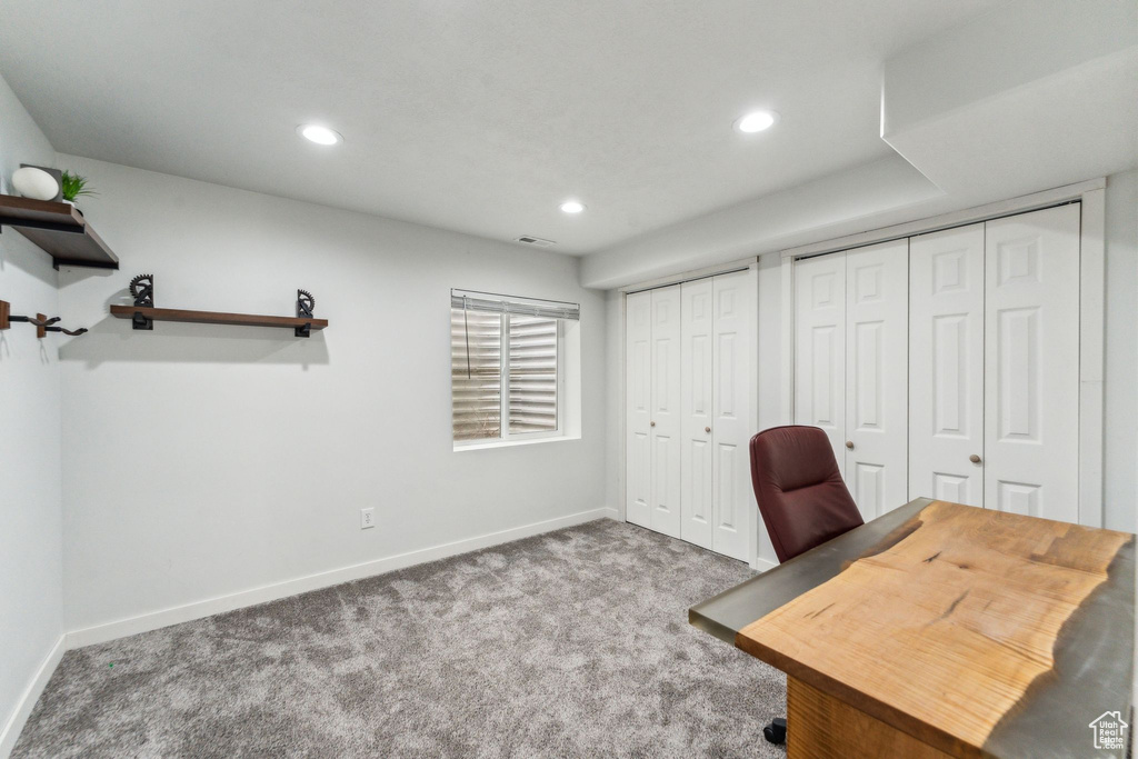 Office featuring baseboards, recessed lighting, and carpet floors