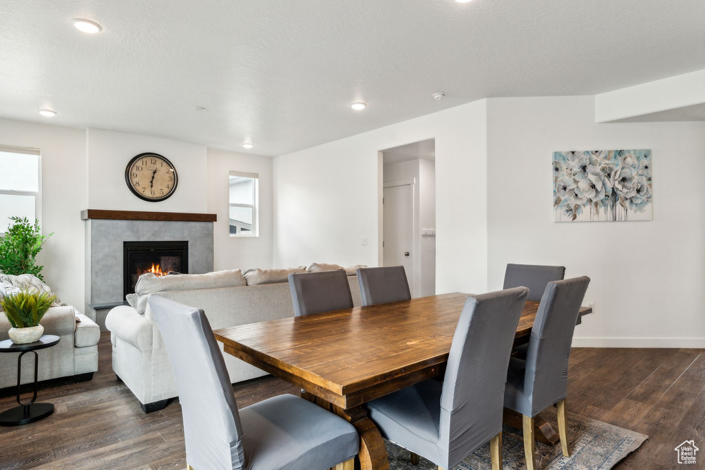 Dining area featuring a healthy amount of sunlight, baseboards, a fireplace, and dark wood finished floors