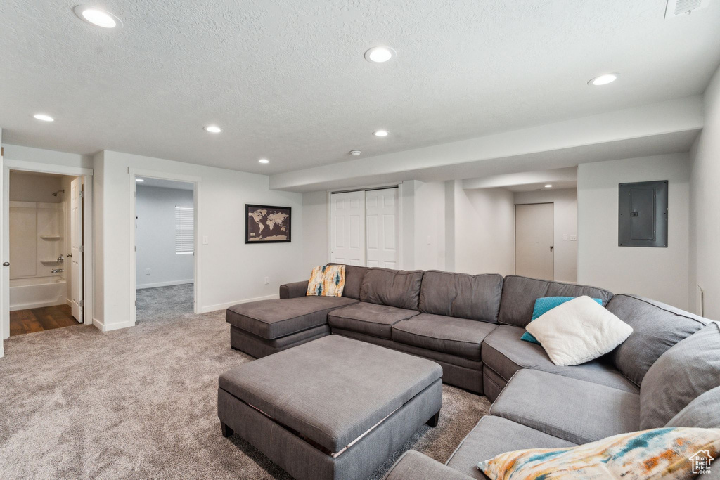 Living area featuring carpet floors, recessed lighting, a textured ceiling, and electric panel