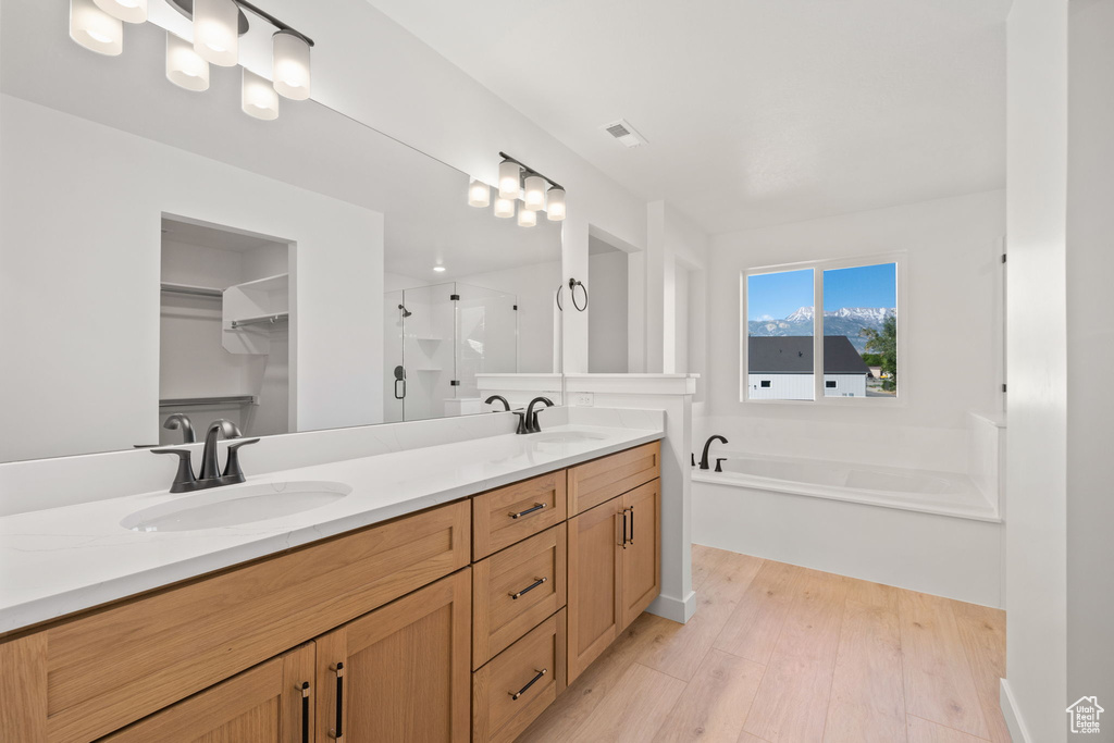 Full bathroom featuring wood finished floors, double vanity, a sink, and a stall shower