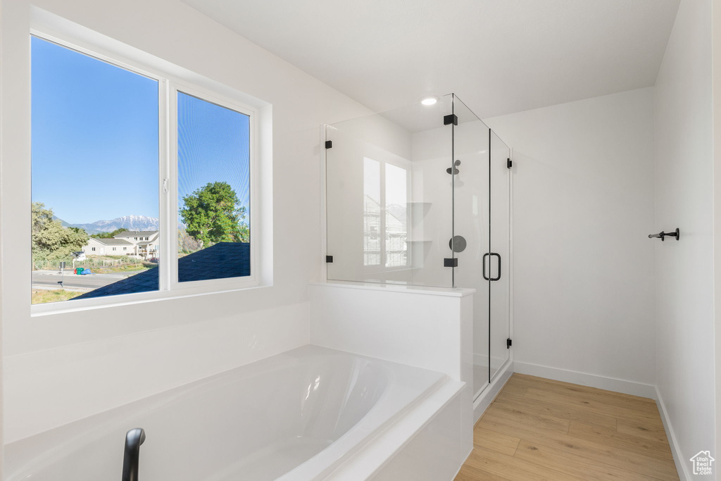 Full bathroom featuring a garden tub, plenty of natural light, wood finished floors, and a shower stall