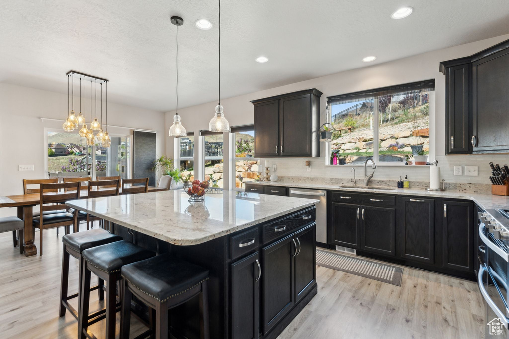 Kitchen featuring light wood-type flooring, a sink, a kitchen island, and stainless steel appliances