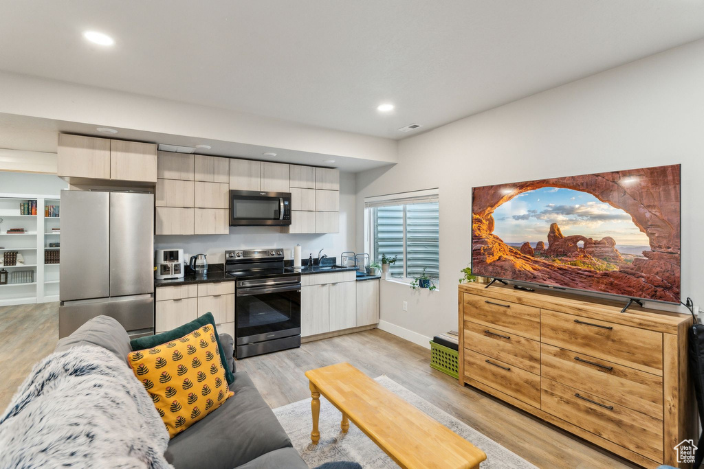 Kitchen with a sink, stainless steel appliances, recessed lighting, light wood-type flooring, and modern cabinets