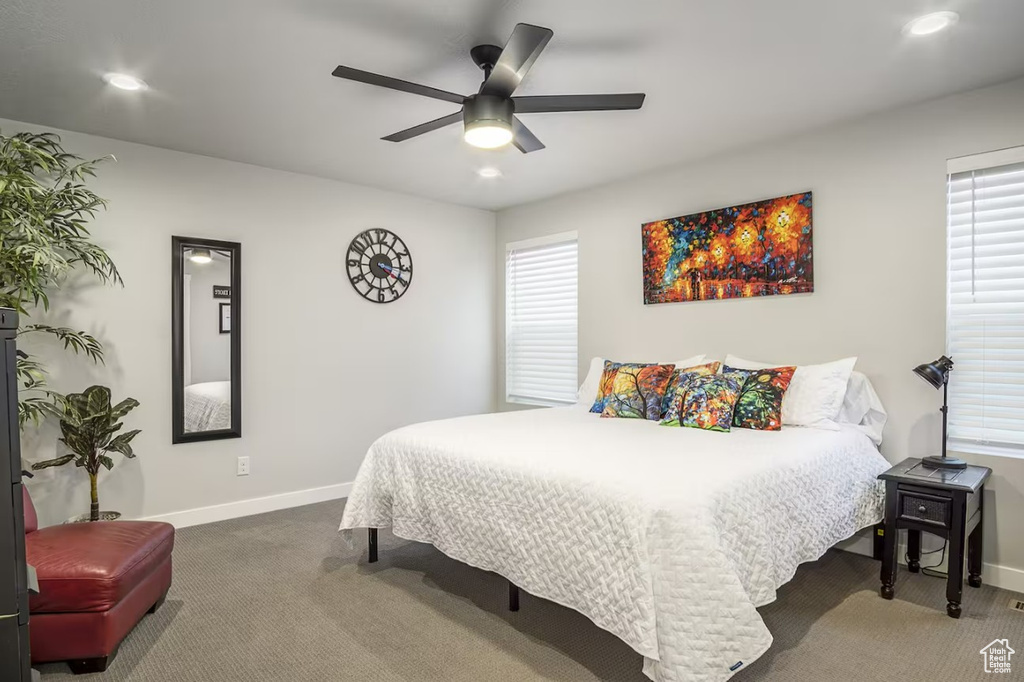 Bedroom with carpet flooring, recessed lighting, baseboards, and ceiling fan