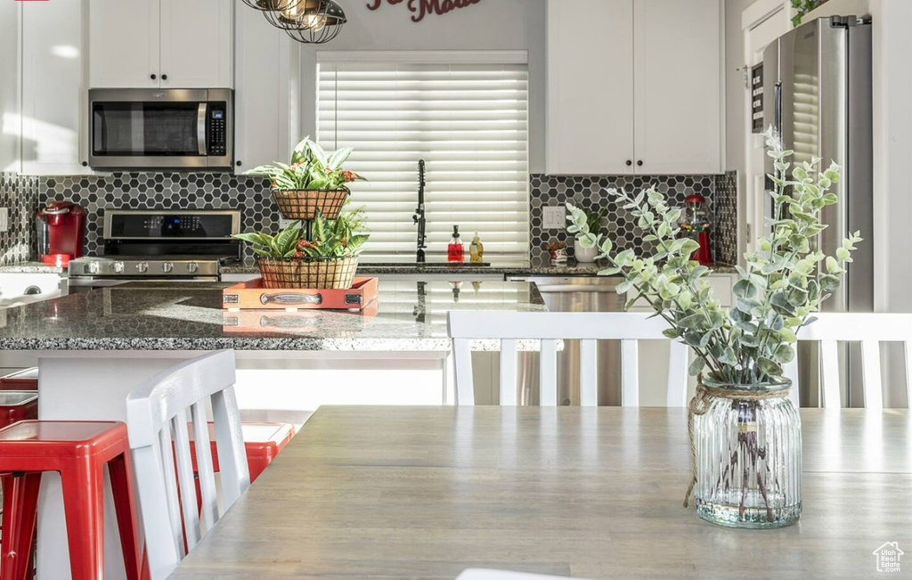 Kitchen featuring a healthy amount of sunlight, tasteful backsplash, and stainless steel appliances