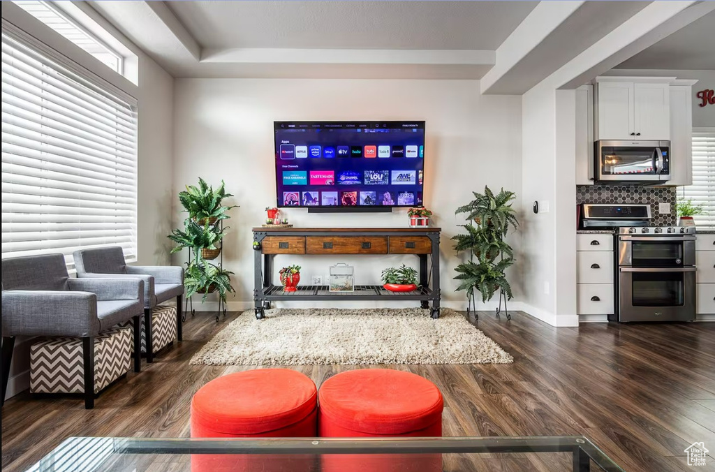 Living area with baseboards, plenty of natural light, and dark wood-type flooring