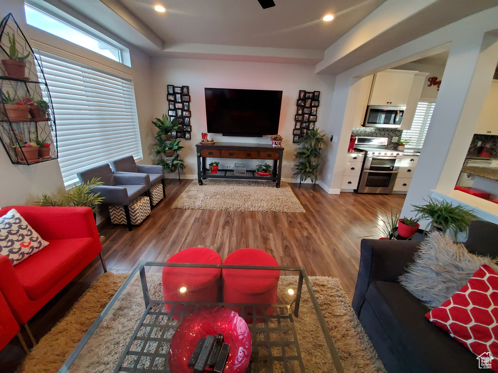 Living area featuring baseboards, recessed lighting, wood finished floors, and a raised ceiling