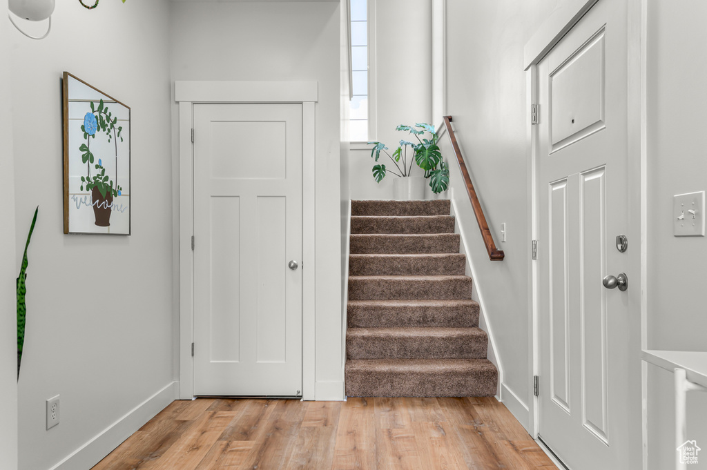 Stairway featuring baseboards and wood finished floors