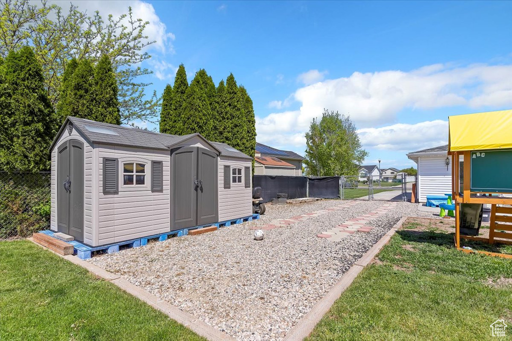 View of shed featuring a fenced backyard