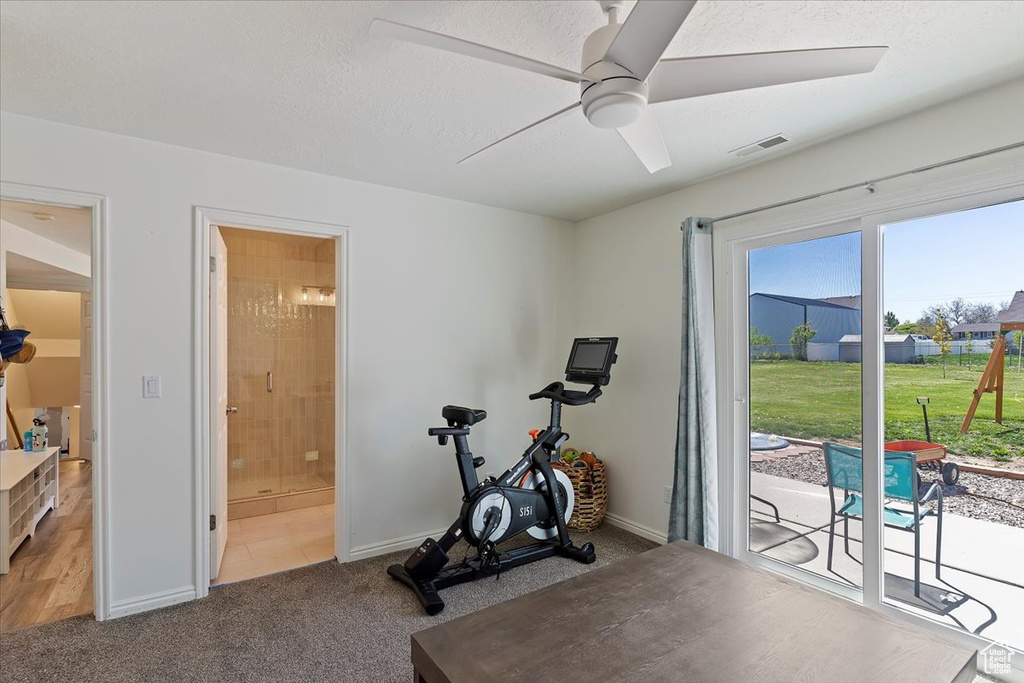 Workout room featuring visible vents, a ceiling fan, carpet, and baseboards