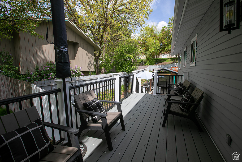 Deck with a fenced backyard
