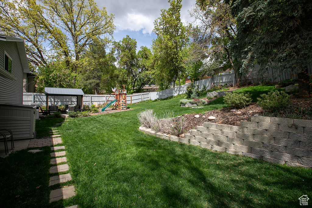 View of yard featuring a fenced backyard and a playground