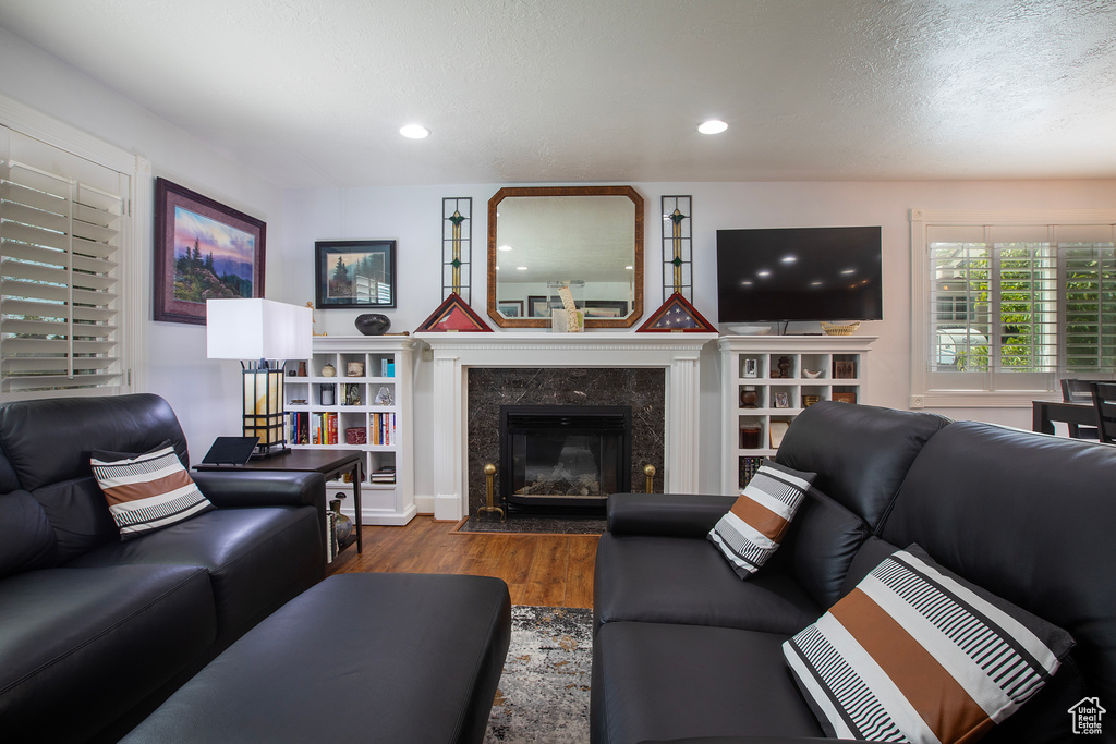 Living area featuring recessed lighting, wood finished floors, and a fireplace