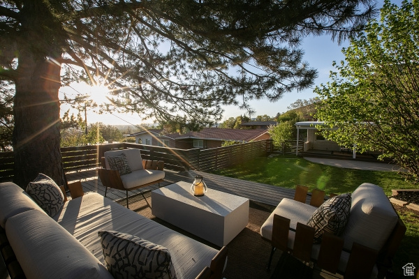 View of patio featuring a fenced backyard, a deck, and outdoor lounge area
