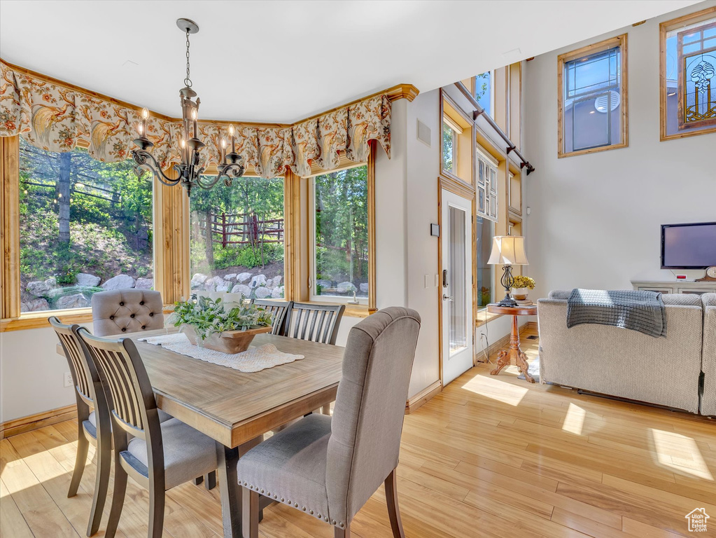 Dining area featuring baseboards, a notable chandelier, a wealth of natural light, and light wood-style floors