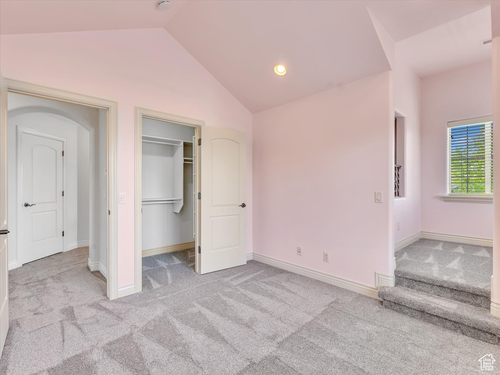 Unfurnished bedroom featuring baseboards, carpet flooring, lofted ceiling, and a spacious closet