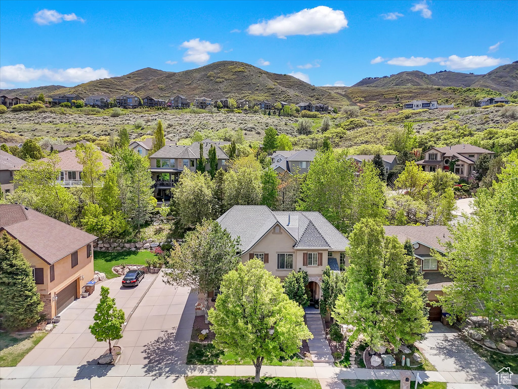 Aerial view featuring a residential view and a mountain view