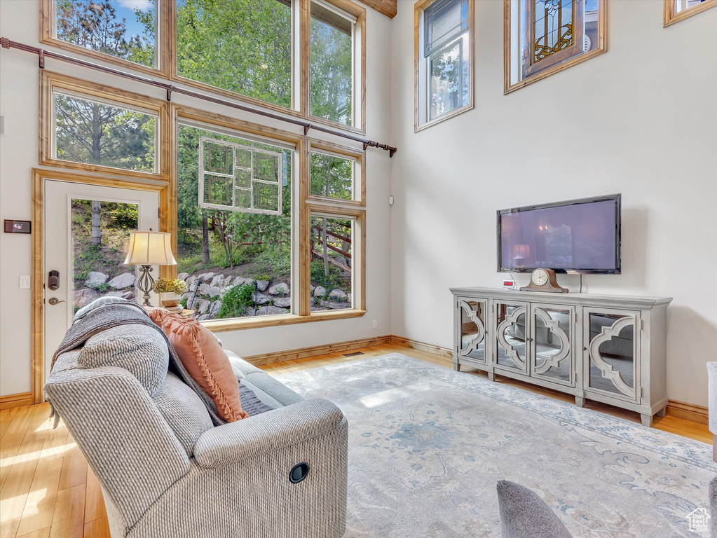 Living room featuring baseboards, wood finished floors, and a towering ceiling