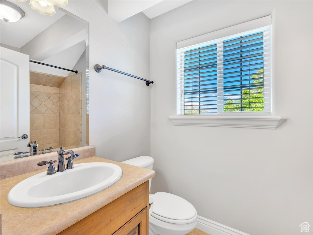Full bath featuring toilet, walk in shower, and vanity