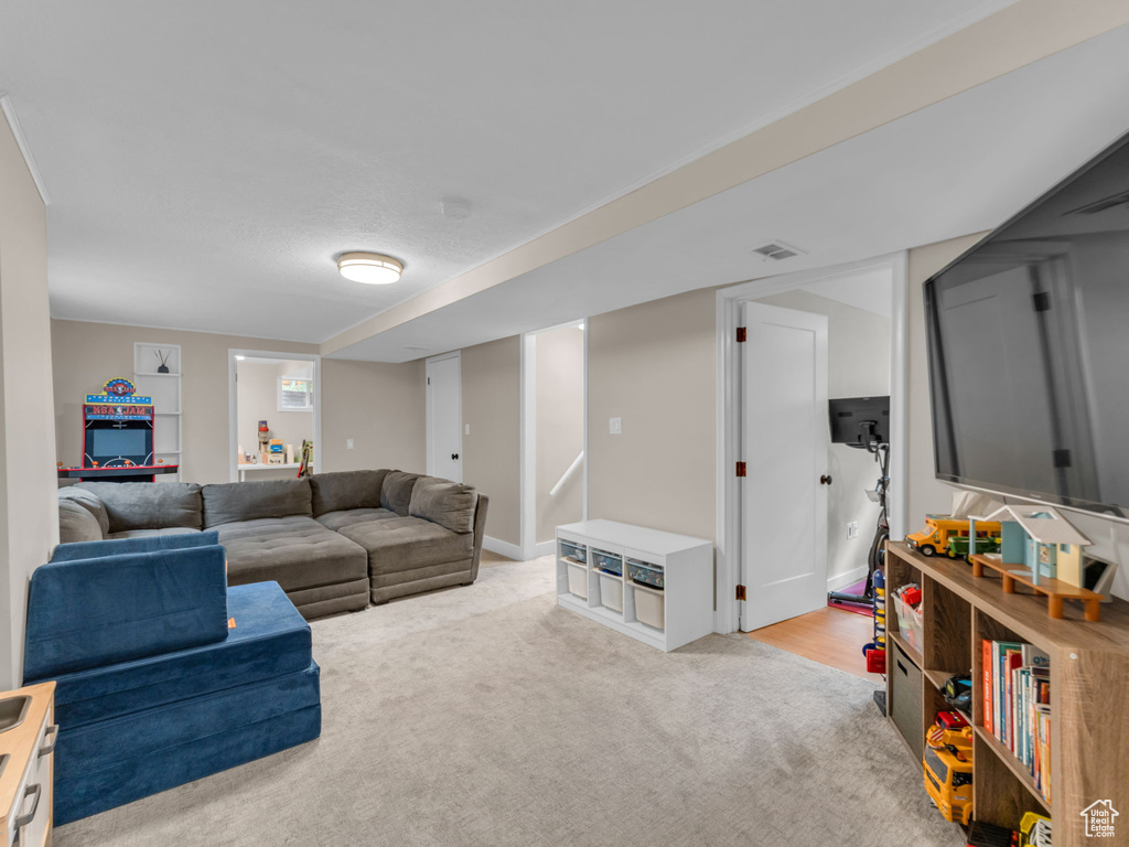 Living room featuring visible vents and light carpet