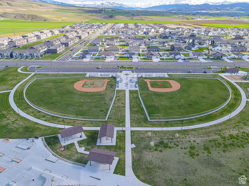 Birds eye view of property with a residential view and a mountain view
