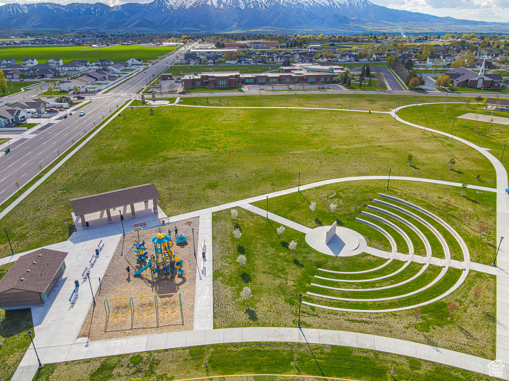 Birds eye view of property with a mountain view and a residential view