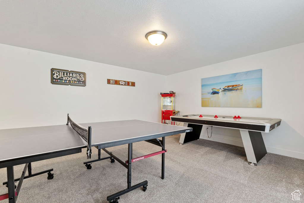Recreation room with baseboards and light colored carpet