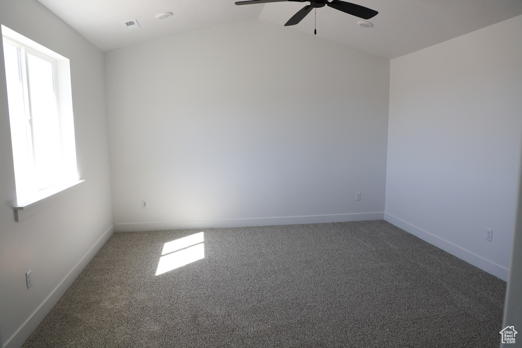 Empty room featuring carpet floors, plenty of natural light, baseboards, and ceiling fan
