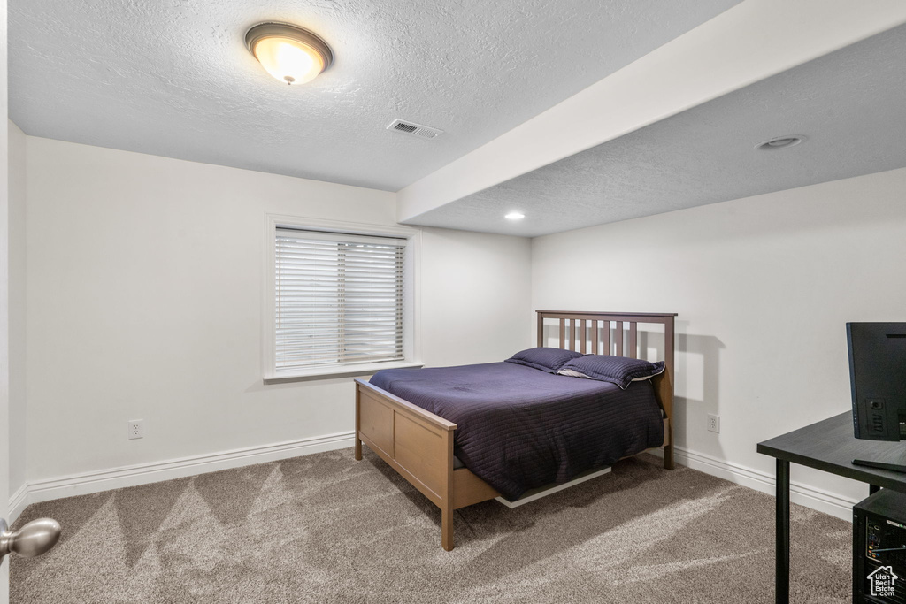 Bedroom with carpet floors, baseboards, a textured ceiling, and visible vents