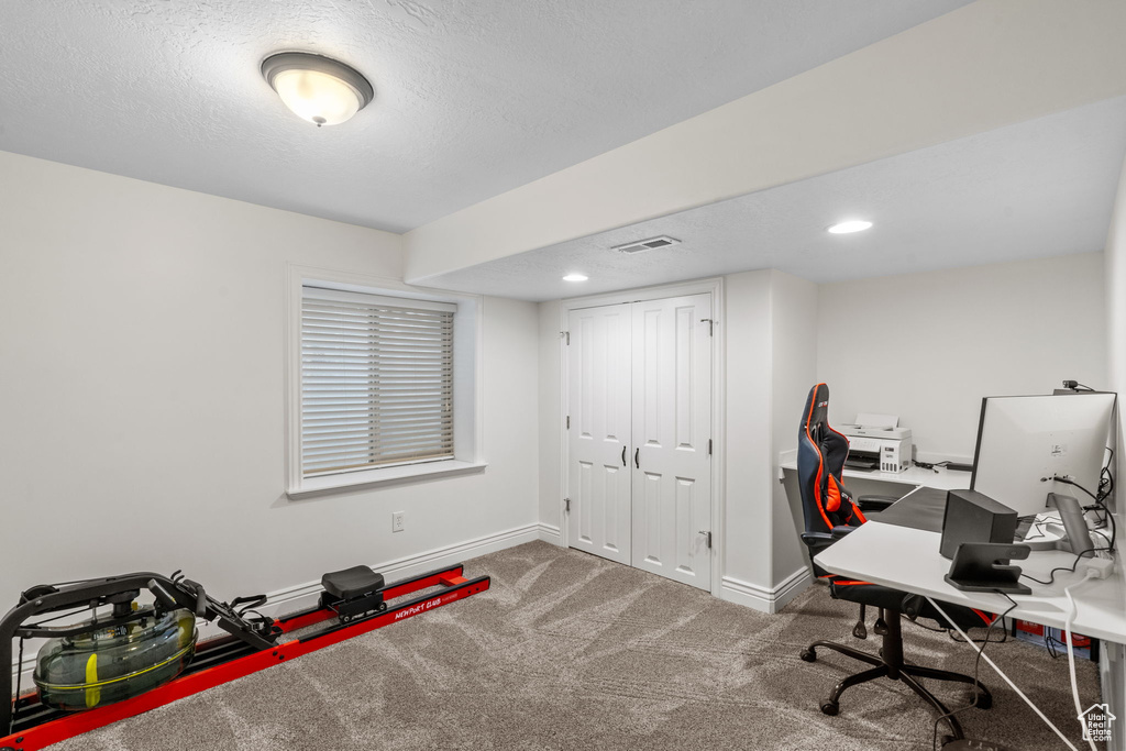 Home office featuring baseboards, a textured ceiling, carpet floors, and visible vents