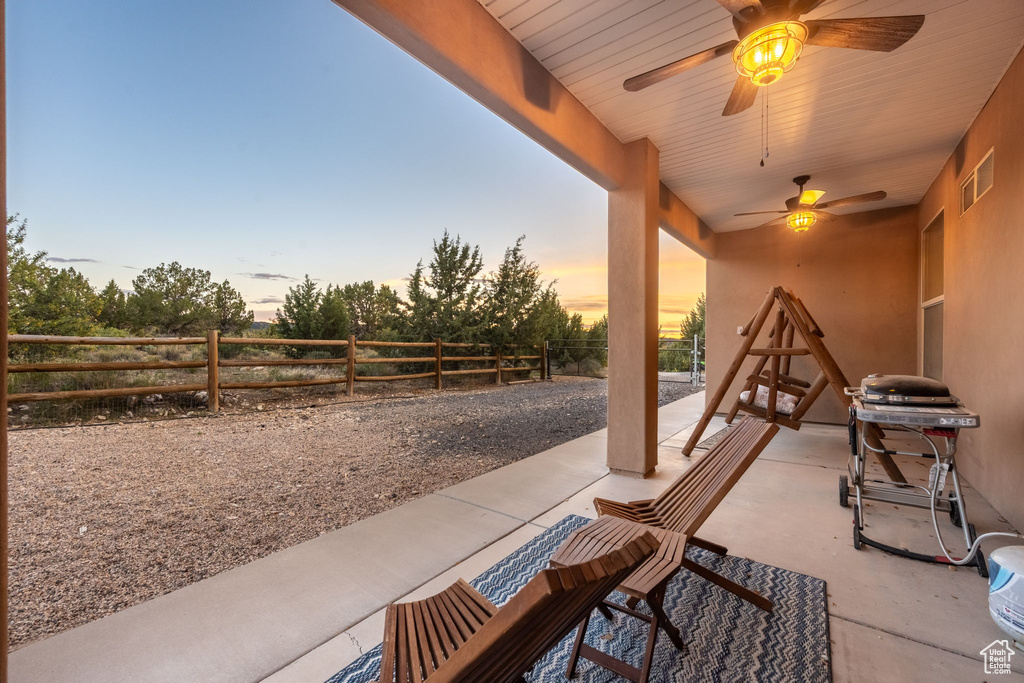 View of patio / terrace with ceiling fan, a fenced backyard, and visible vents