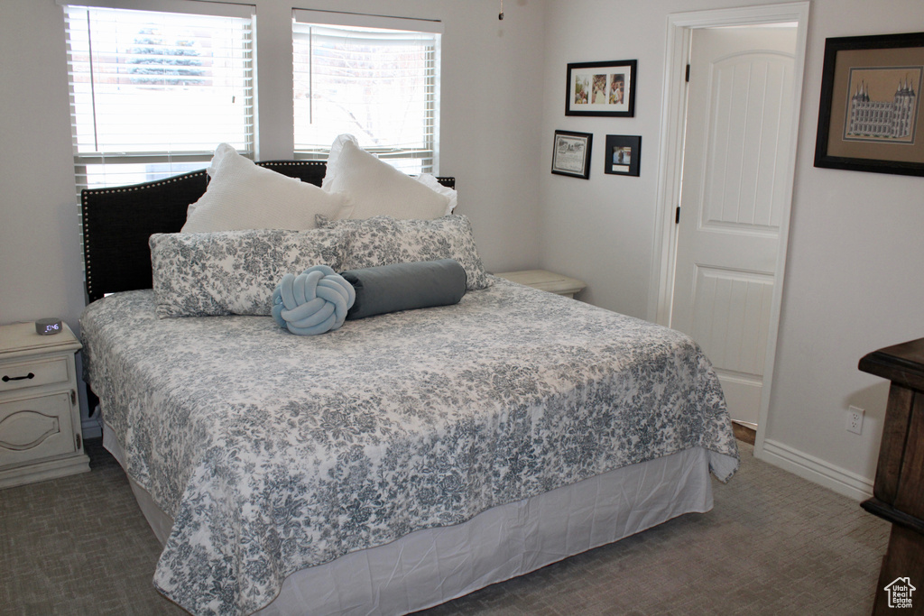 Bedroom with dark carpet