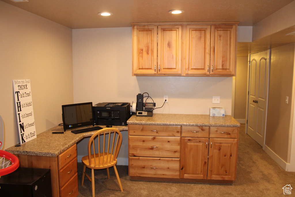 Carpeted office space with recessed lighting