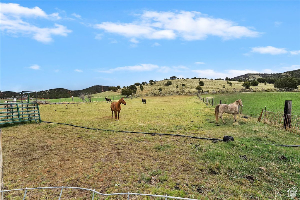 View of yard featuring fence, a mountain view, and a rural view