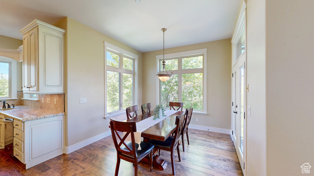 Dining area with a healthy amount of sunlight, baseboards, and hardwood / wood-style flooring