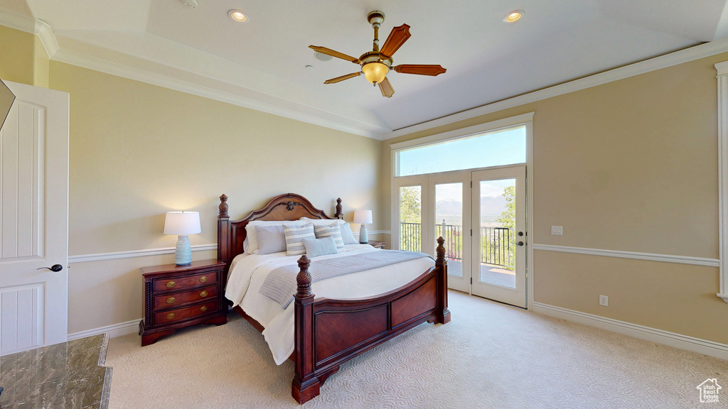 Bedroom featuring a ceiling fan, light colored carpet, access to exterior, ornamental molding, and recessed lighting