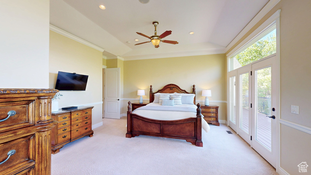 Bedroom featuring ornamental molding, light carpet, access to outside, recessed lighting, and a ceiling fan