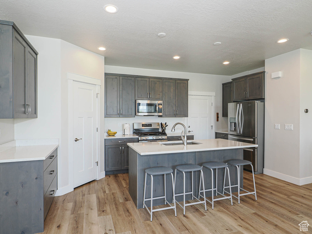 Kitchen with appliances with stainless steel finishes, a sink, a kitchen island with sink, a kitchen breakfast bar, and light wood-style flooring